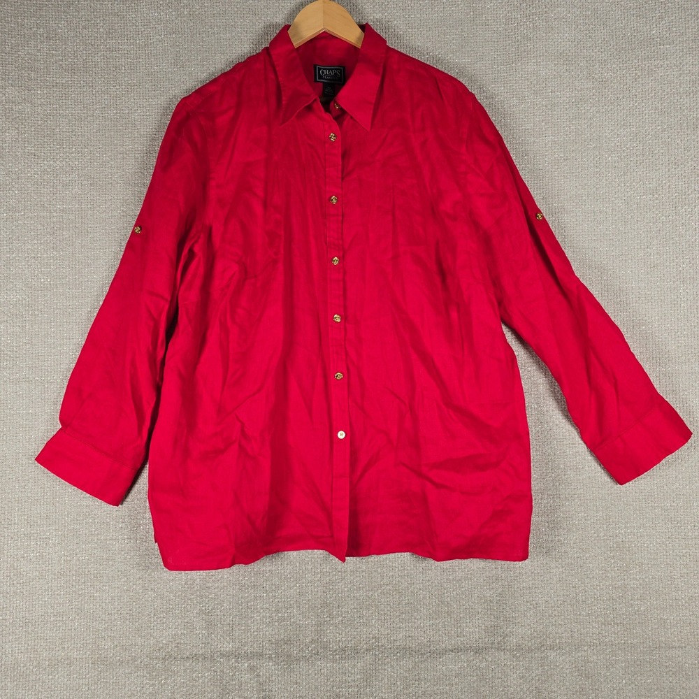 Chaps Classics Womens 2X Red 100% Linen Button Up Shirt Roll Tab Sleeve Top
